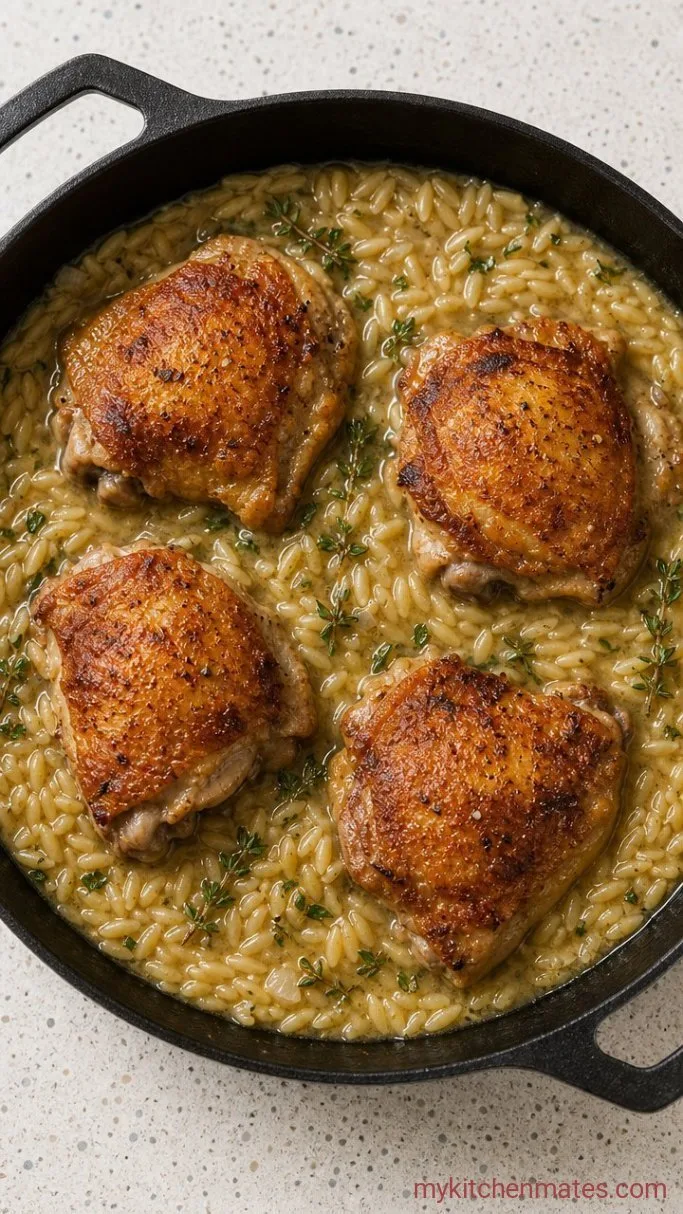 One-Pan Creamy Lemon Chicken Thighs with Orzo Step 3: Simmer with the Broth