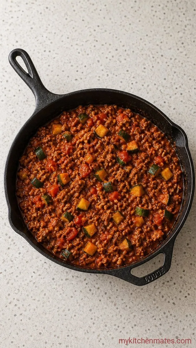 Easy One-Pan Cheesy Ground Beef and Zucchini Skillet Step 3: Simmer with the Tomatoes