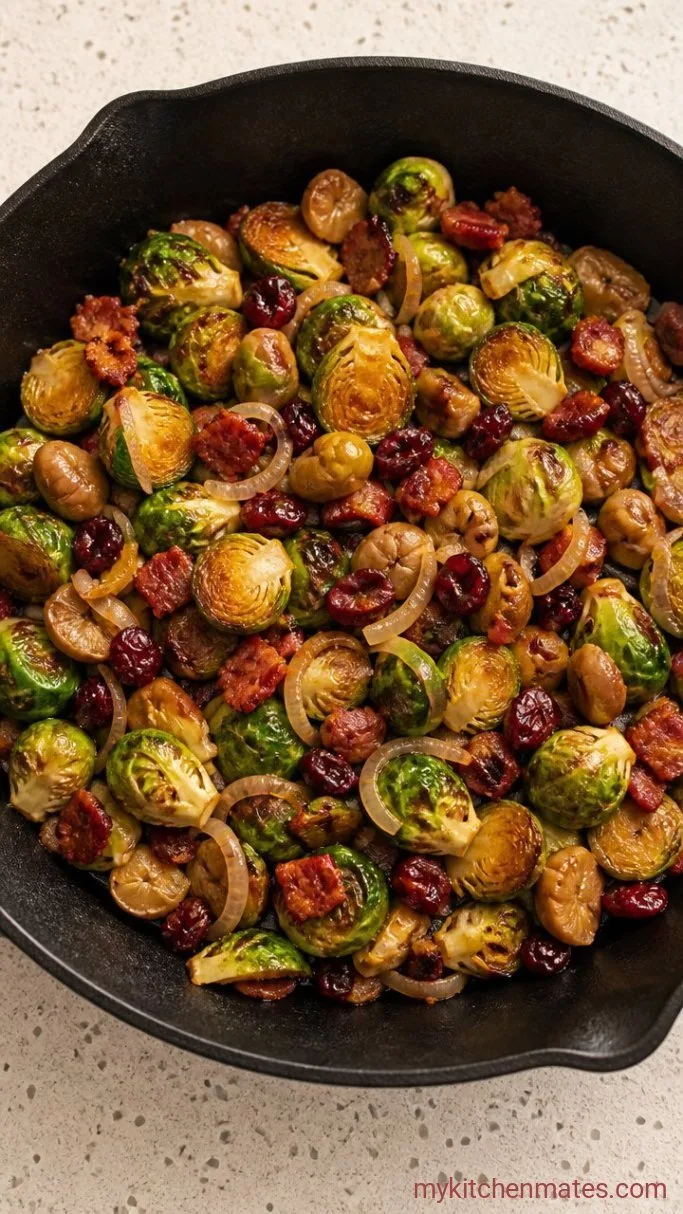Christmas Brussels Sprouts with Pancetta & Cranberries Step 3: Sizzle the Shallots and Chestnuts