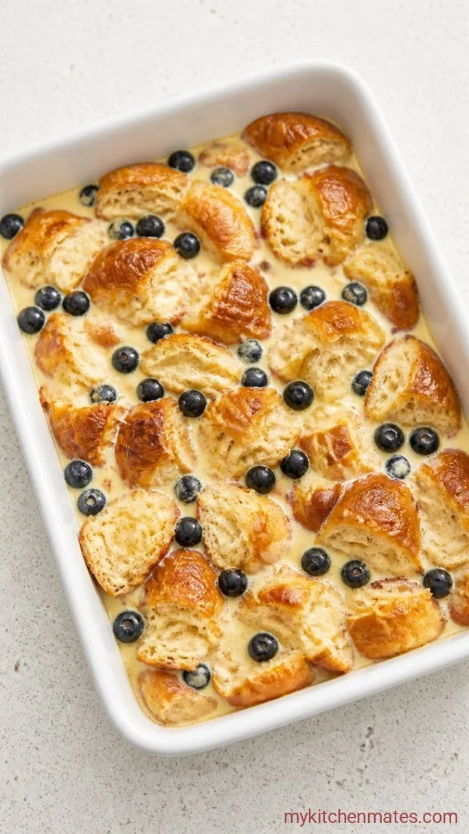 Buttery Blueberry Croissant Breakfast Bake Step 3: Soak the Croissants