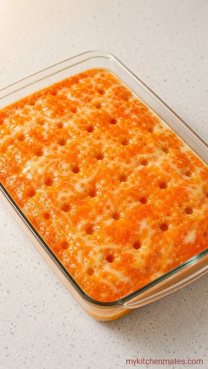 Easy Orange Poke Cake Step 3: Soak with Orange Mixture