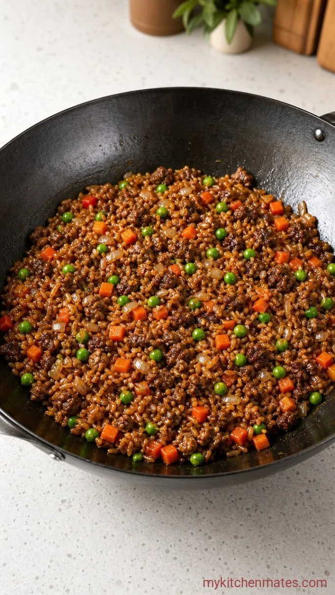 20-Minute Ground Beef Fried Rice Step 3: Stir-Fry the Rice and Vegetables