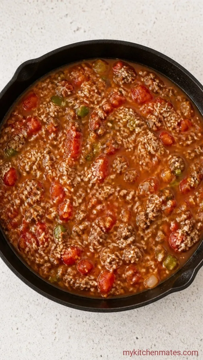 Cheesy One-Pan Bell Pepper Casserole Step 3: Stir in Rice, Tomatoes, and Broth