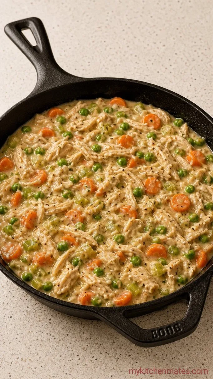Creamy Chicken Pot Pie Casserole with Biscuits Step 3: Stir in the Chicken and Peas