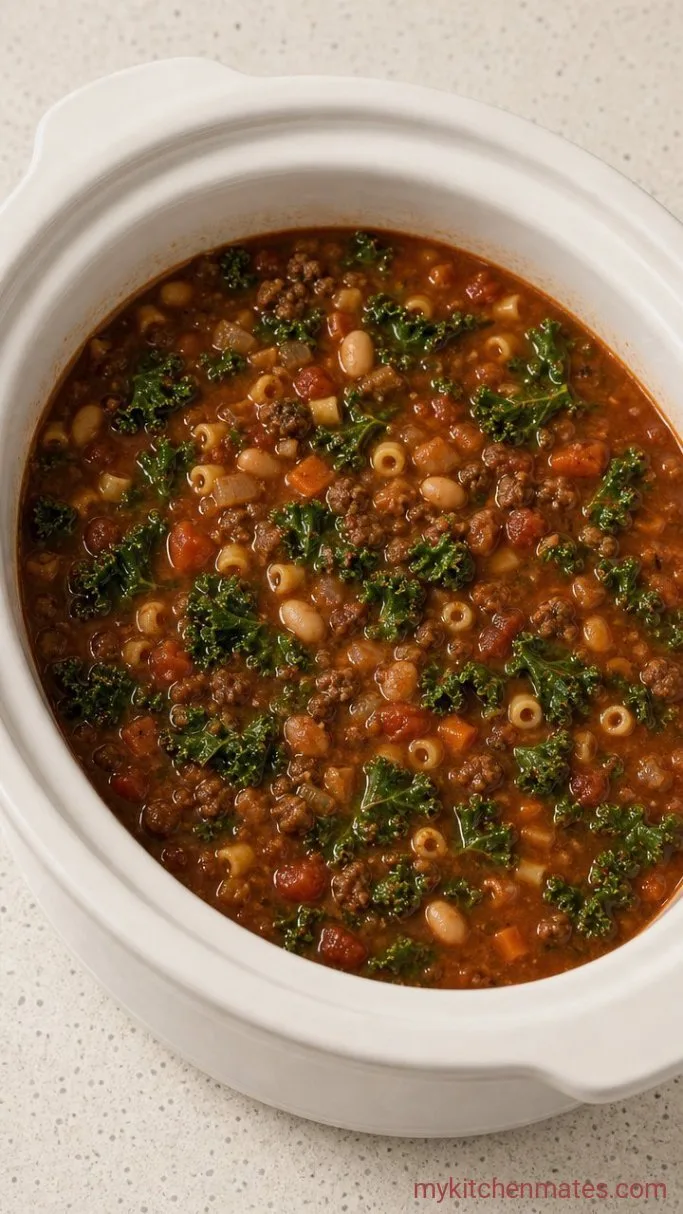 Hearty Crockpot Pasta Fagioli Soup Step 3: Stir in the Pasta and Kale