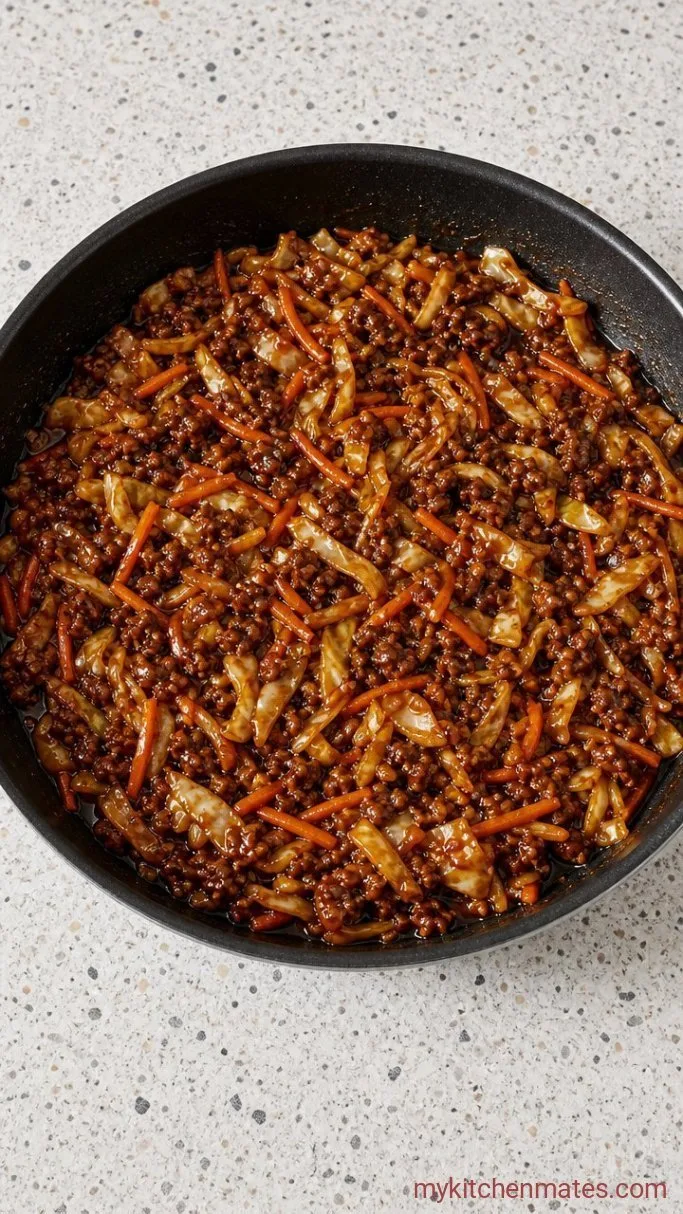 Quick Ground Beef Egg Roll in a Bowl Step 3: Stir in the Sauce