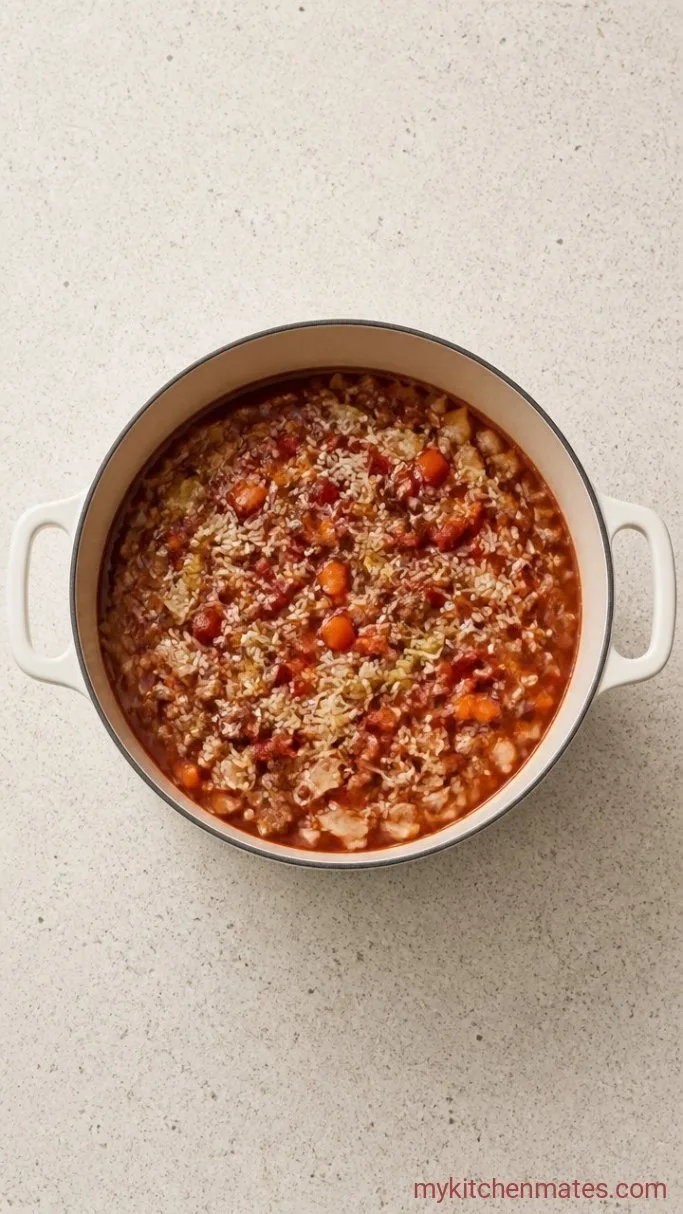 Easy Stuffed Cabbage Soup (One Pot, No Rolling) Step 3: Stir in the Tomatoes and Broth