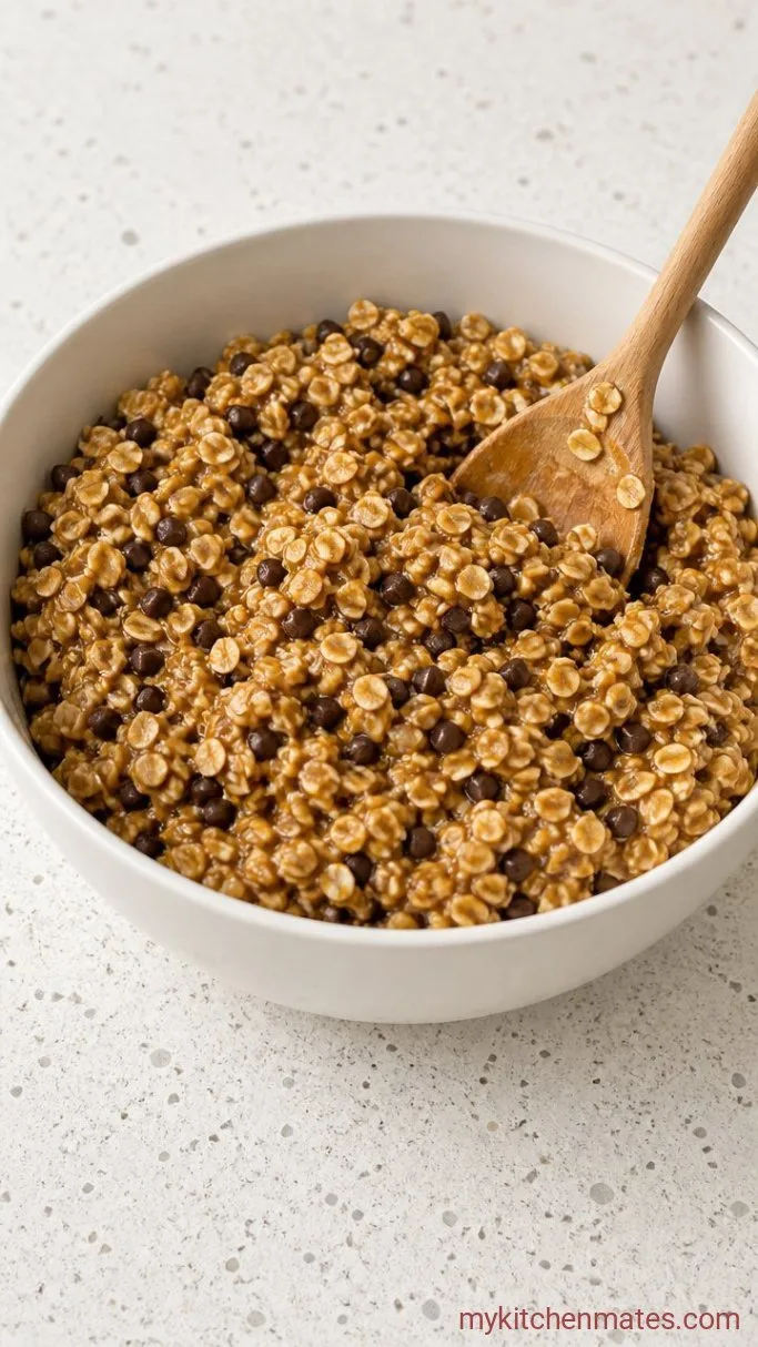 Soft and Chewy Chocolate Chip Granola Bars Step 3: Stir Until the Oats Are Coated