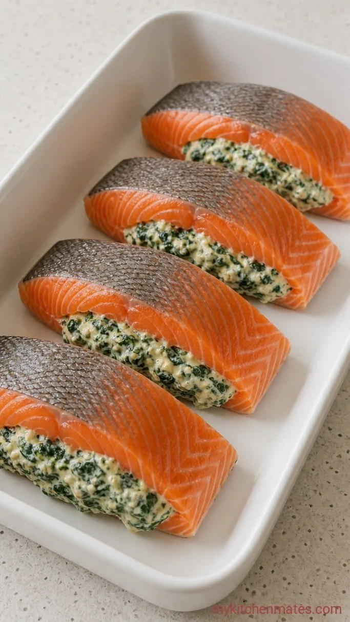 Easy Spinach Stuffed Salmon (Ready in 35 Minutes) Step 3: Stuff the Salmon Fillets