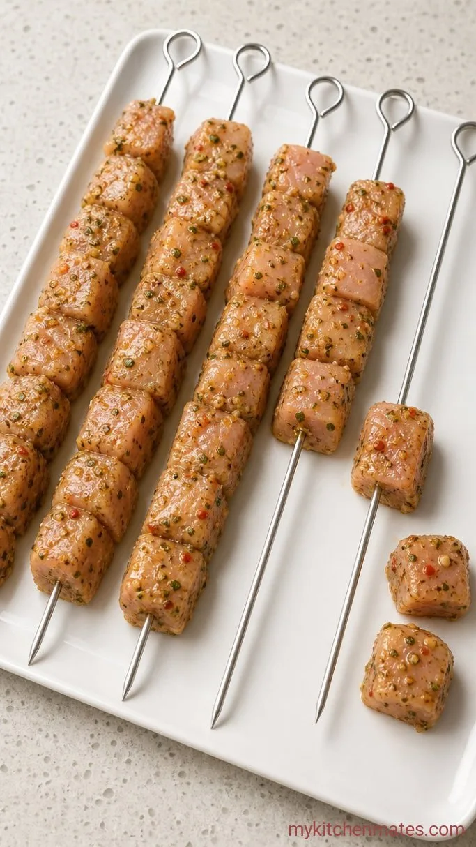 Garlicky Lemon Herb Chicken Kabob Marinade Step 3: Thread the Skewers