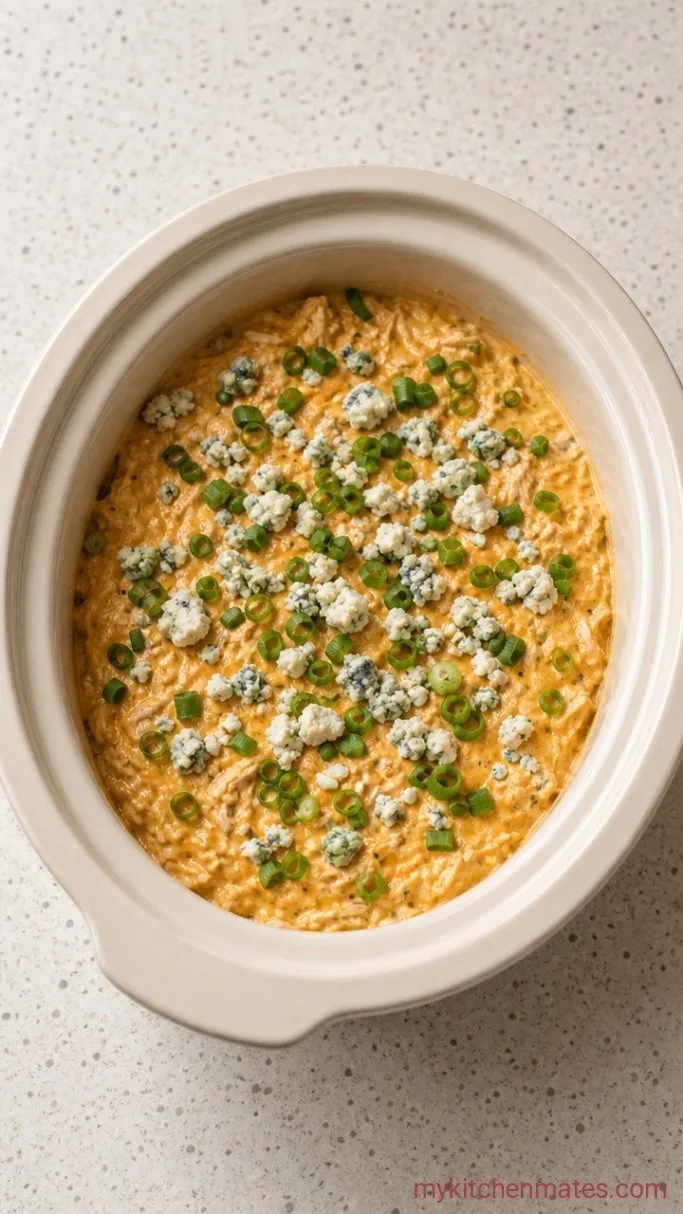 Easy Crockpot Chicken Wing Dip (Buffalo Style) Step 3: Top and Serve