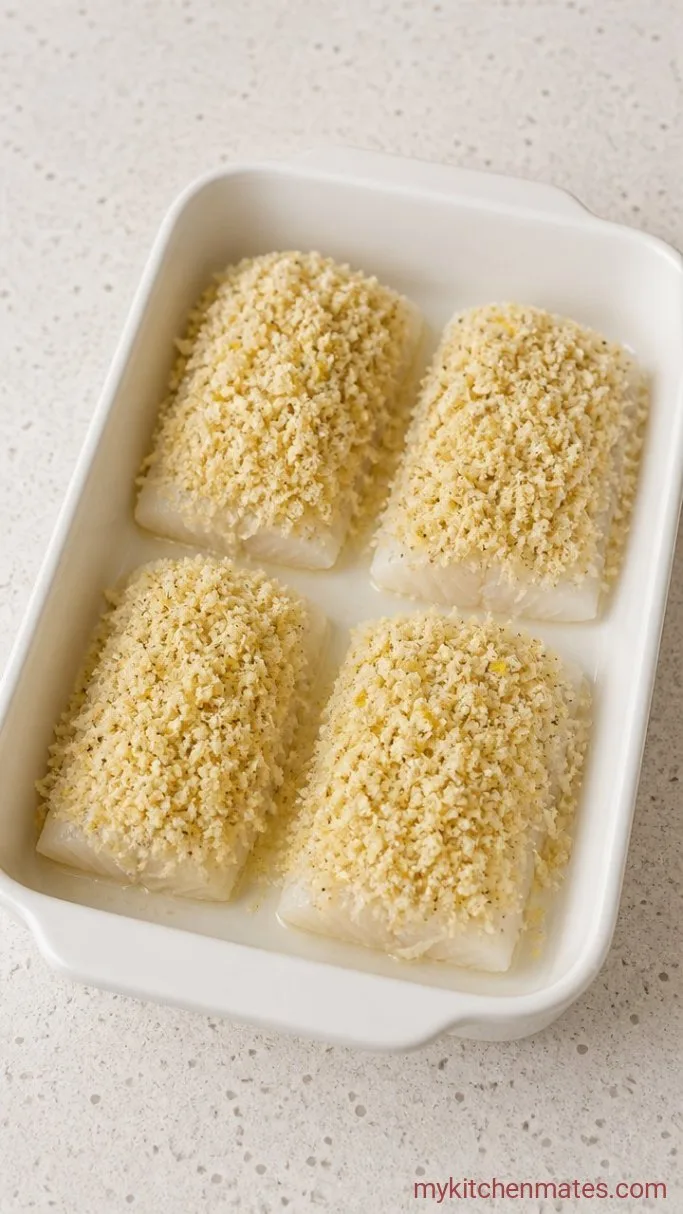 Crispy Baked Cod Fillets with Parmesan & Lemon Crumbs Step 3: Top the Cod with Crumbs