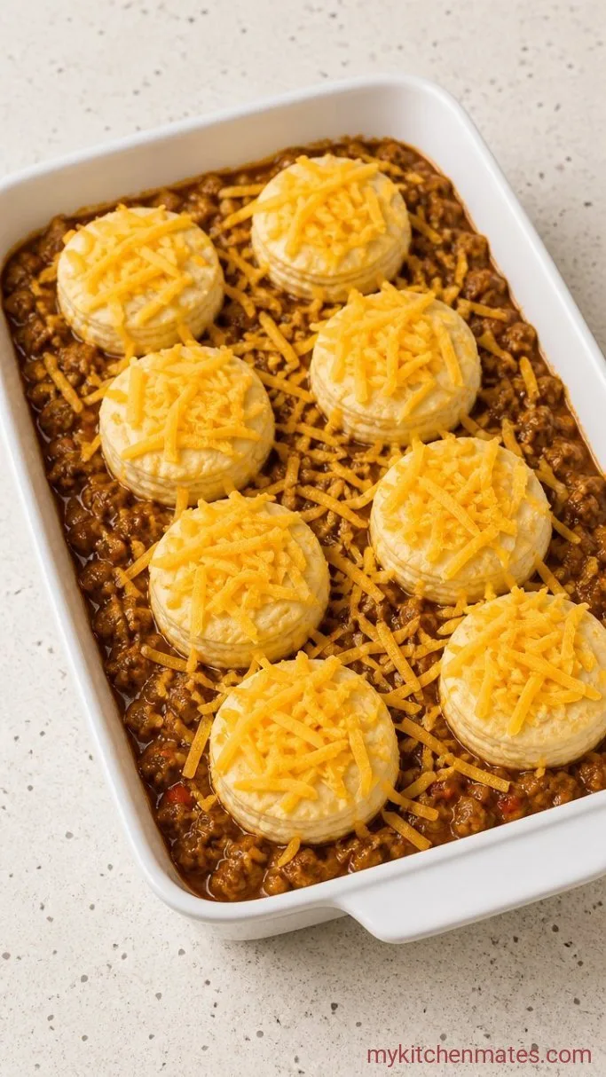30-Minute One-Pan Sloppy Joe Casserole Step 3: Top with Biscuits and Cheese