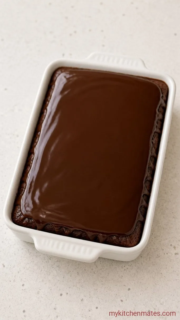 Chocolate Peanut Butter Poke Cake Step 3: Top with Chocolate Ganache