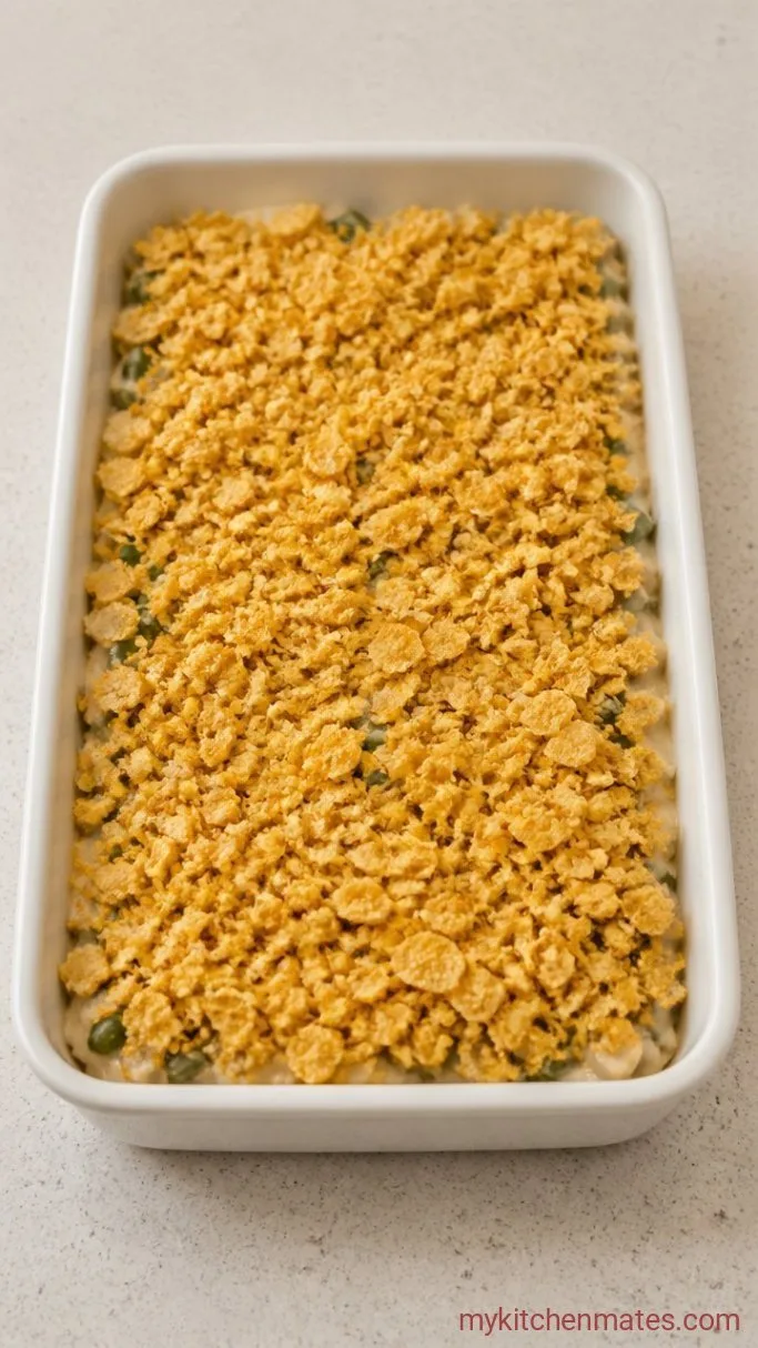 Cheesy Potato Casserole from Frozen Hash Browns Step 3: Top with Cornflake Crumbs