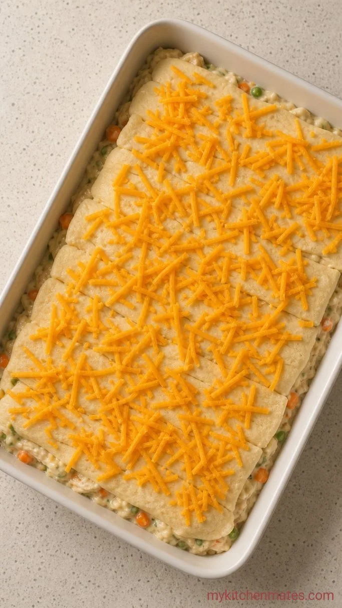 Easy Cheesy Chicken Crescent Roll Casserole Step 3: Top with Crescent Dough and Cheese