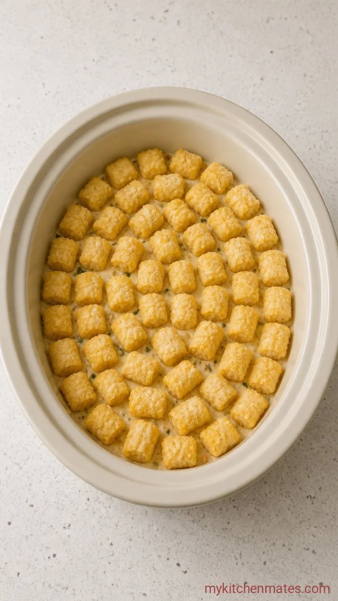 Hearty Crockpot Cowboy Casserole Step 3: Top with Tater Tots