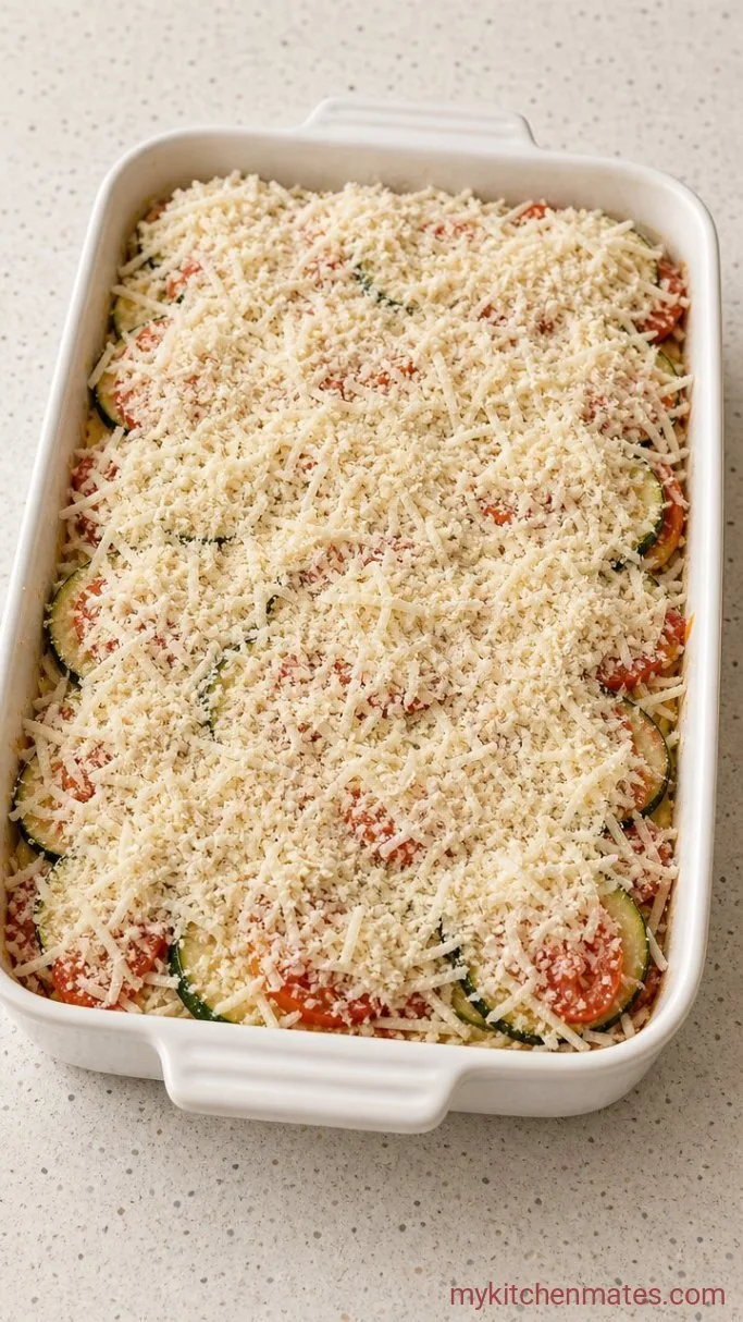 Quick Cheesy Zucchini Tomato Bake Step 3: Top with the Cheesy Crumb