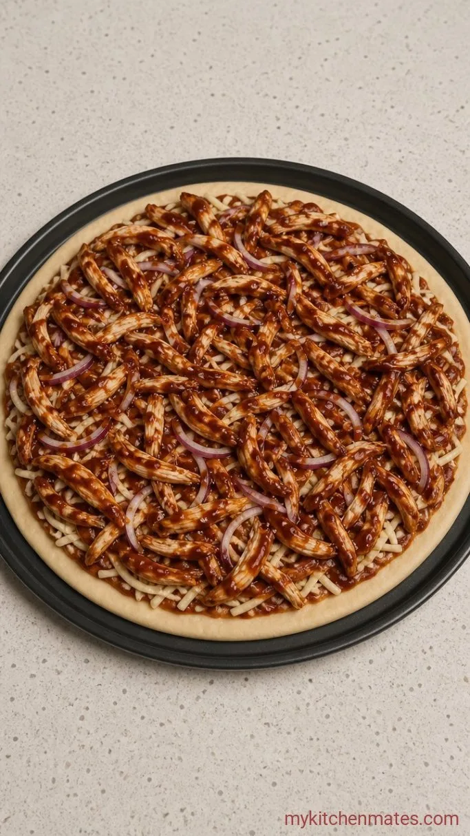 Quick BBQ Shredded Chicken Pizza Step 3: Top with the Sauced Chicken