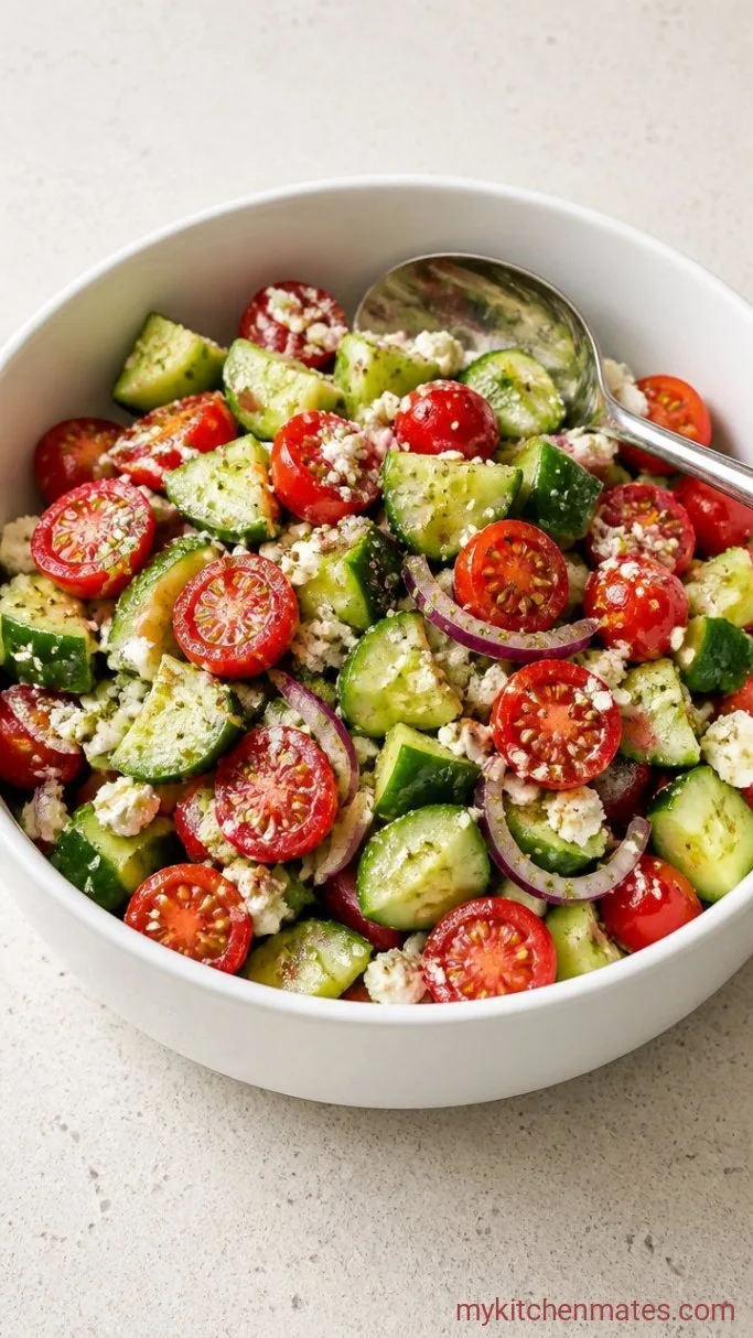 Quick and Refreshing Cucumber Tomato Feta Salad Step 3: Toss and Serve