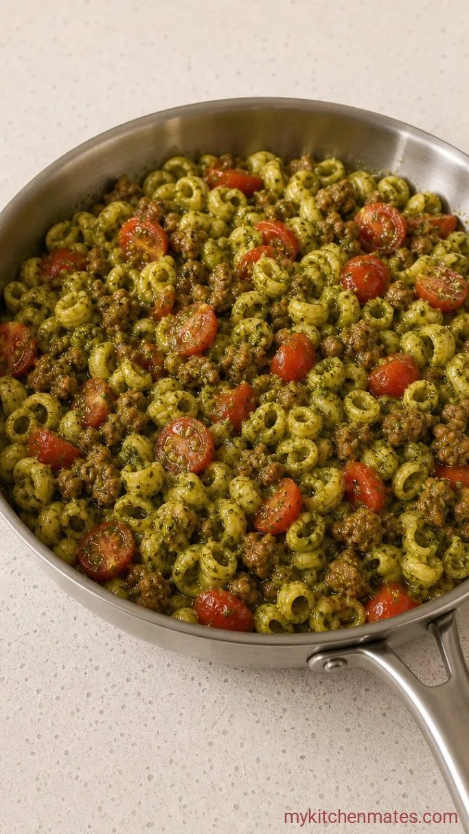20-Minute Sausage Pesto Pasta Step 3: Toss with Pesto and Tomatoes
