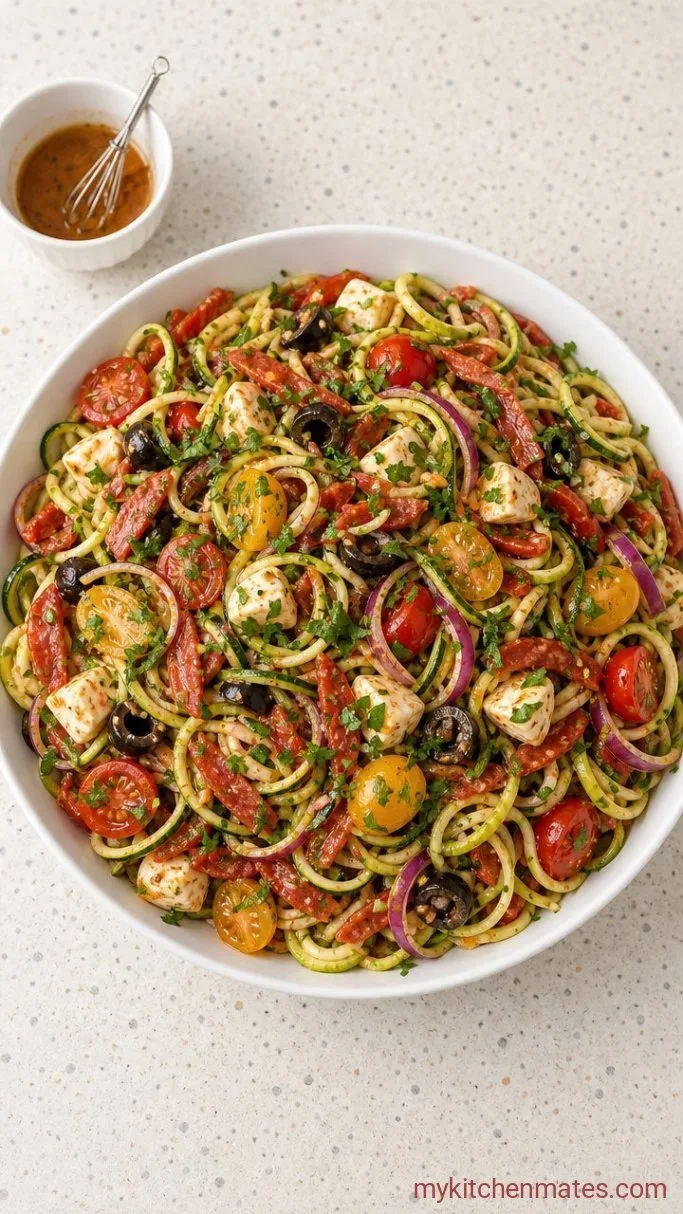 Zesty Pastaless Pasta Salad with Zucchini Noodles Step 3: Whisk and Toss the Salad