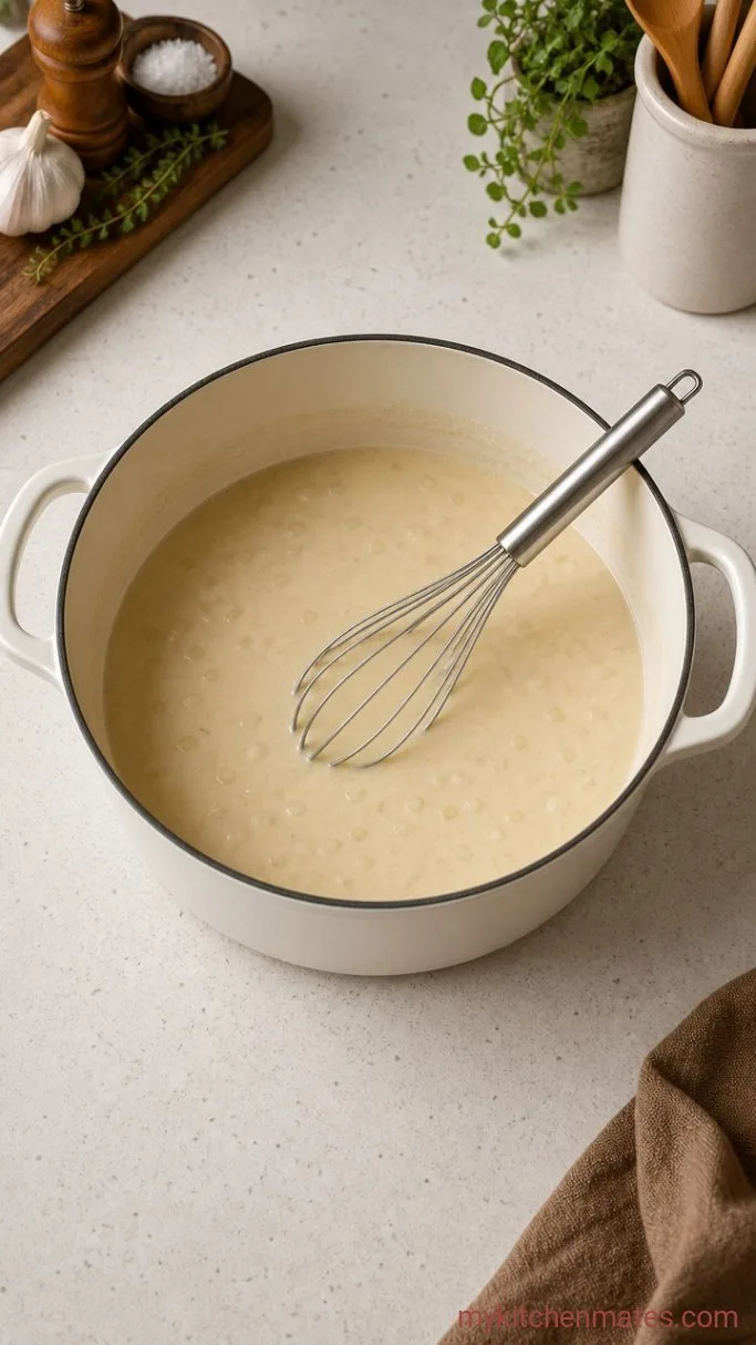 30-Minute Chicken Broccoli Cheddar Soup Step 3: Whisk in the Flour and Broth
