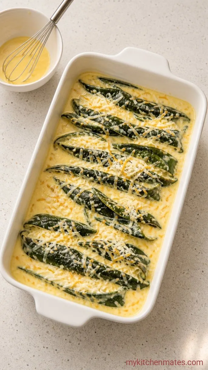 No-Fry Chili Relleno Casserole Step 3: Whisk the Egg Custard and Pour