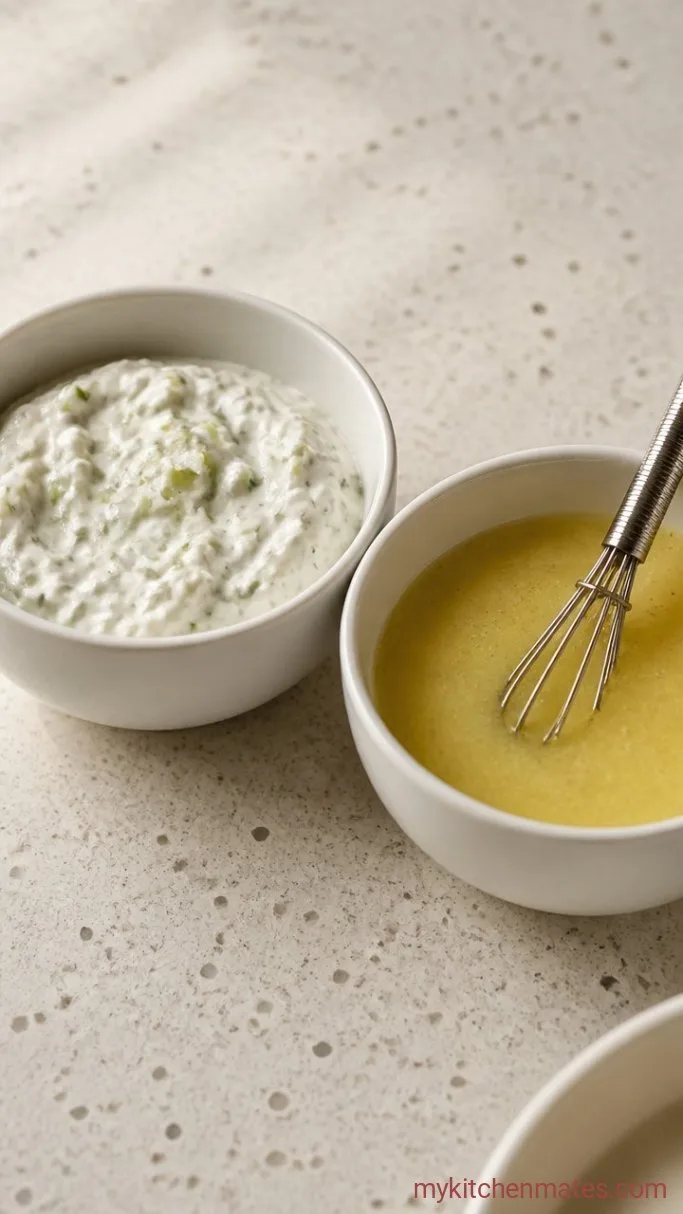 Mediterranean Lamb Meatball Bowls Step 3: Whisk the tzatziki and vinaigrette