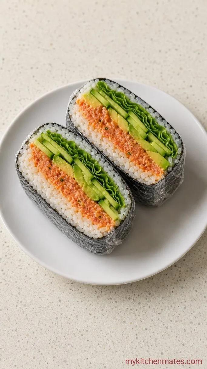 Spicy Tuna Onigirazu (Japanese Sushi Sandwich) Step 3: Wrap and Slice the Onigirazu