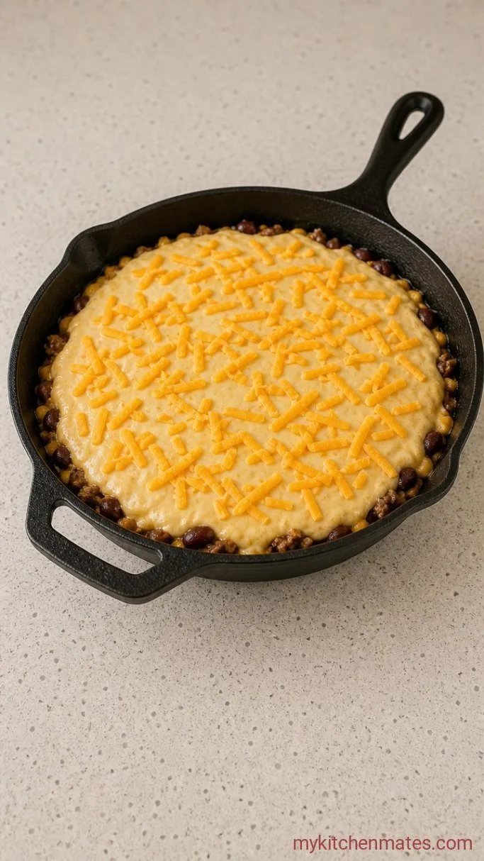 One-Skillet Mexican Cornbread Casserole Step 4: Assemble and Bake