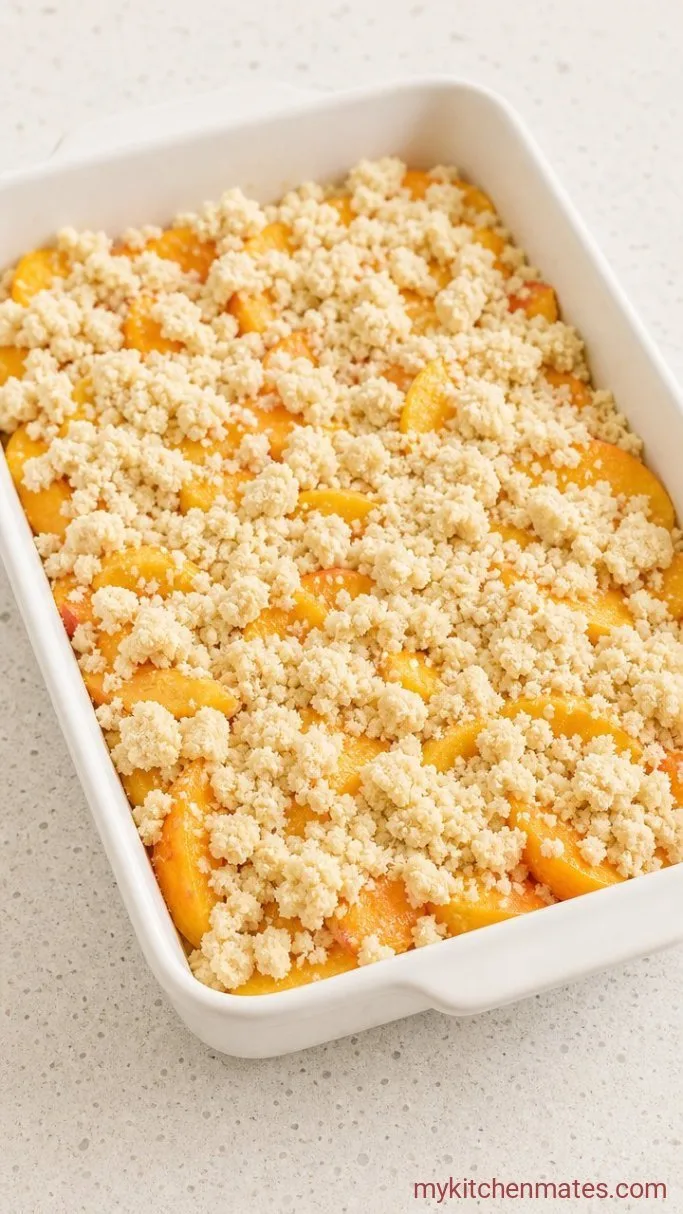 Easy Vegan Peach Cobbler with Fluffy Biscuit Topping Step 4: Assemble and Bake