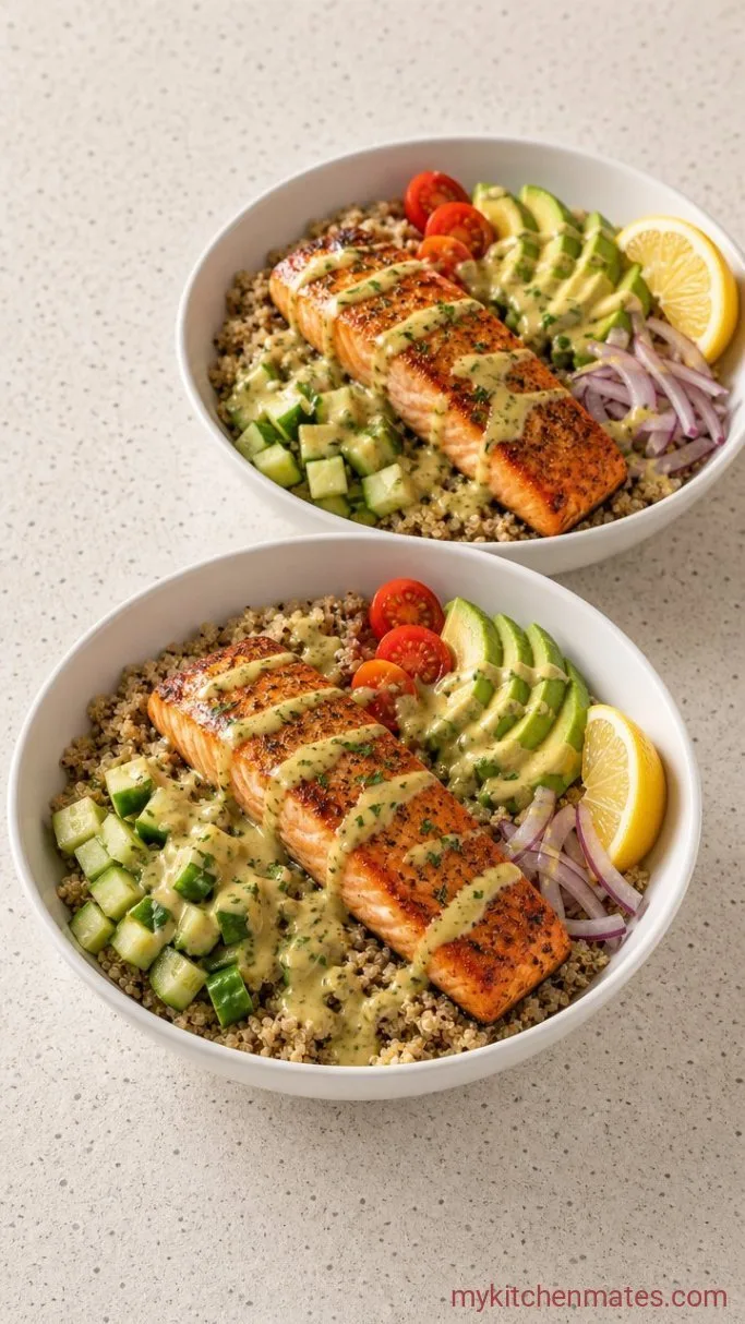 25-Minute Salmon Quinoa Bowl with Lemon Herb Dressing Step 4: Assemble and Drizzle the Bowls
