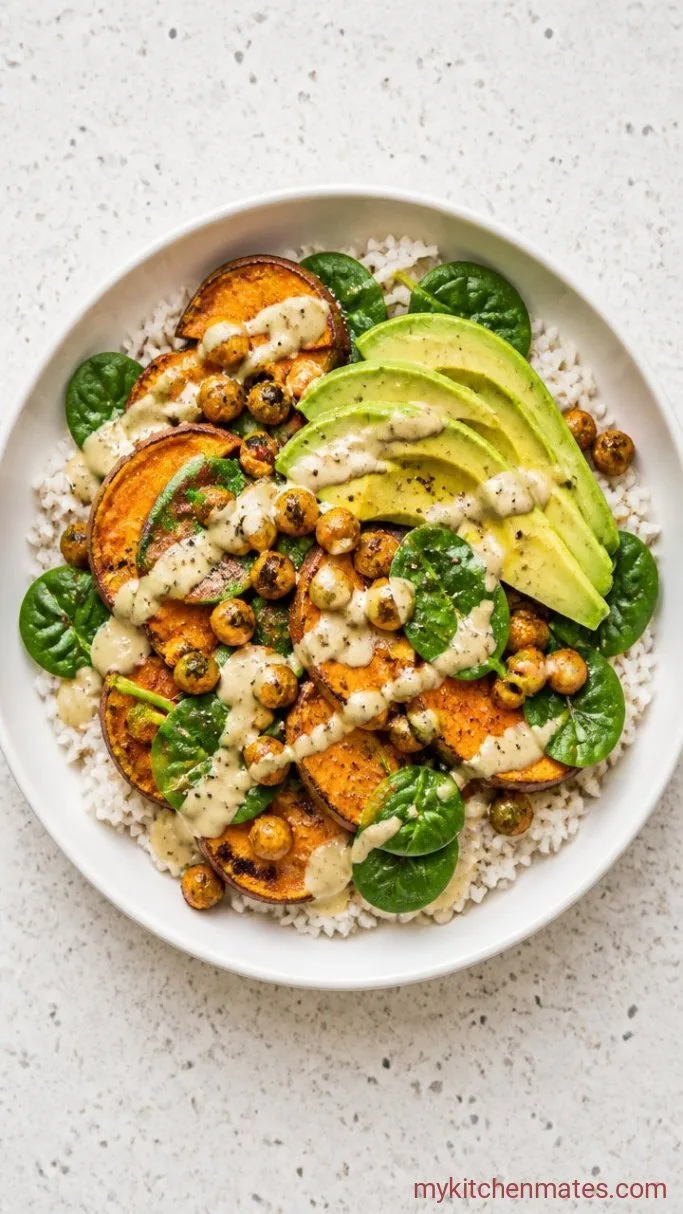 Roasted Sweet Potato Rice Bowl with Creamy Tahini Dressing Step 4: Assemble the Bowls
