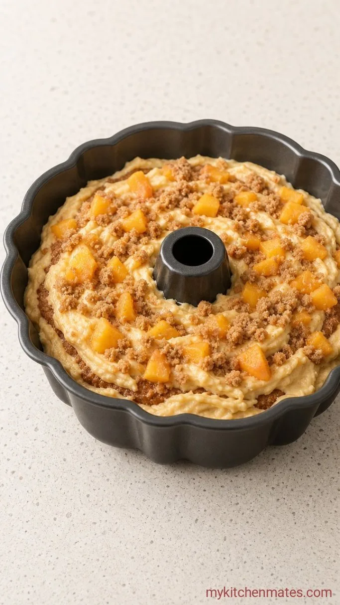 Peach Cobbler Bundt Cake with a Buttery Cinnamon Topping Step 4: Assemble the Bundt Pan