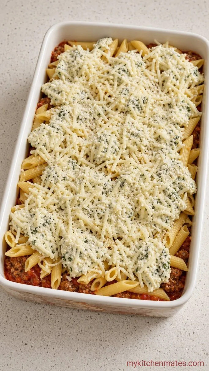 Cheesy Baked Penne Pasta with Sausage and Ricotta Step 4: Assemble the Layers