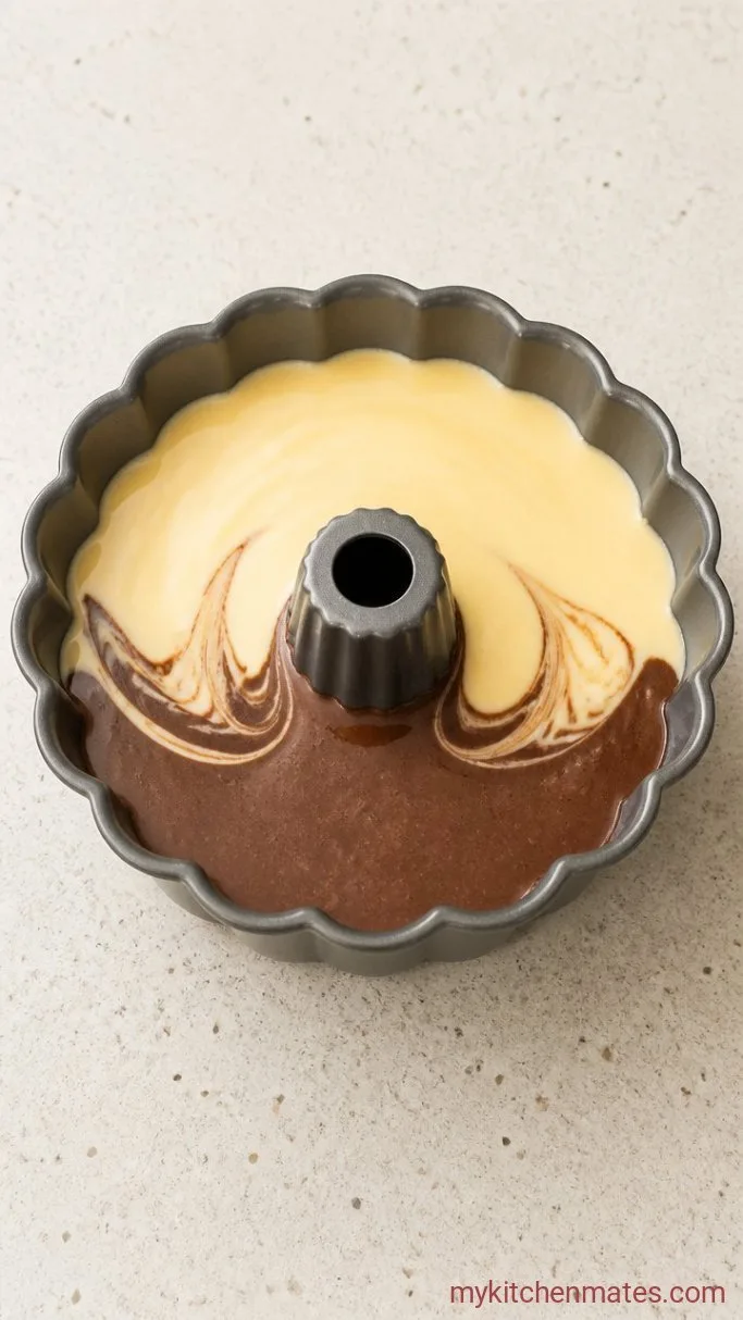 Mexican Chocoflan (The Impossible Cake): Chocolate Cake and Flan in One Pan Step 4: Assemble the Layers