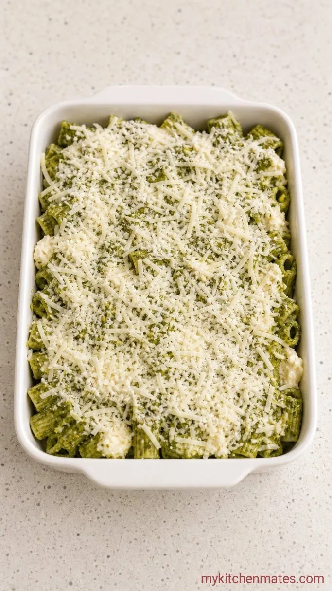 Cheesy, Creamy Pesto Pasta Bake Step 4: Assemble the Pasta Bake