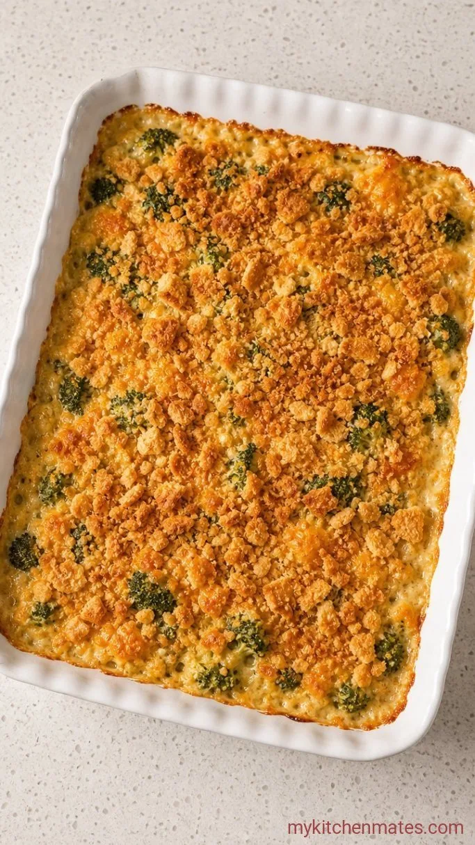 Creamy Broccoli Cheese Casserole with Buttery Cracker Topping Step 4: Bake and Serve the Casserole