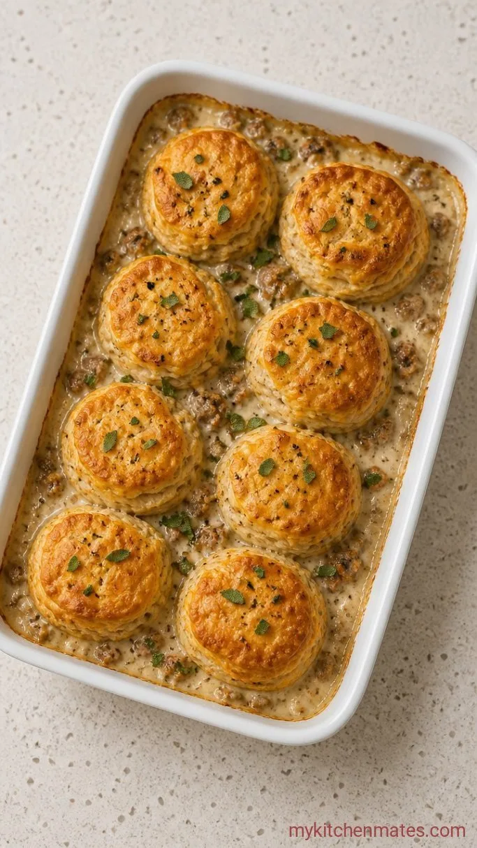 Easy Sausage Gravy Casserole with Flaky Biscuits Step 4: Bake and Serve