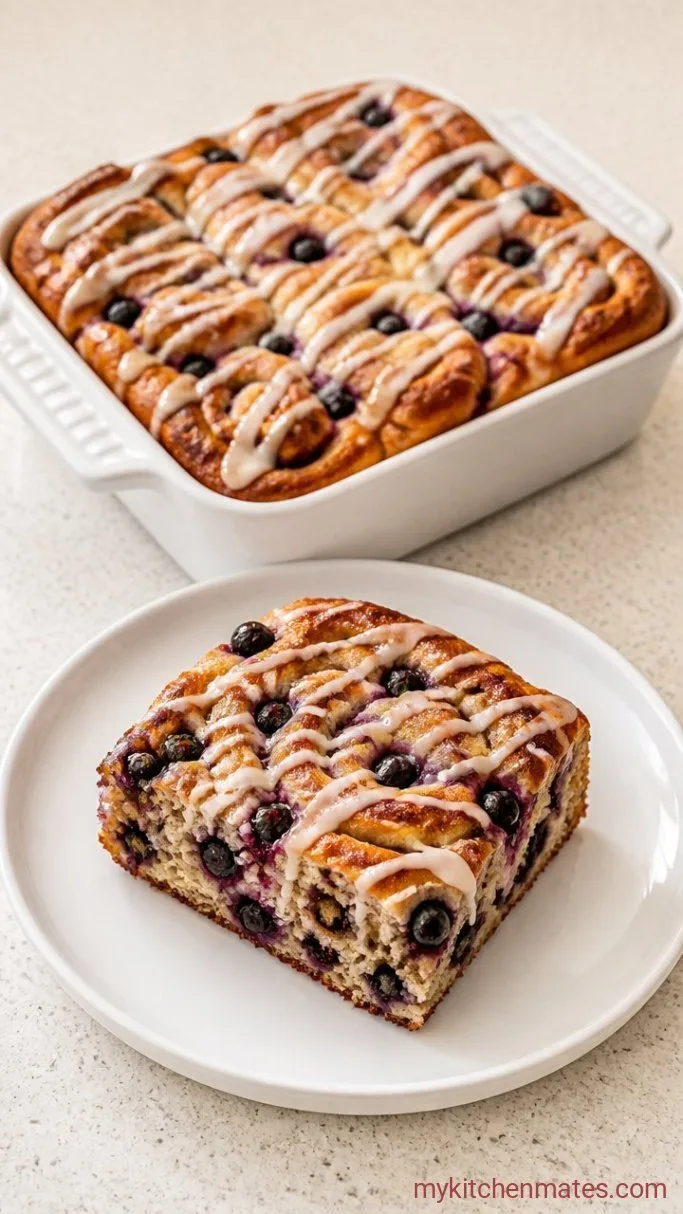 Overnight Blueberry Cinnamon Roll Casserole Step 4: Bake and Slice the Casserole