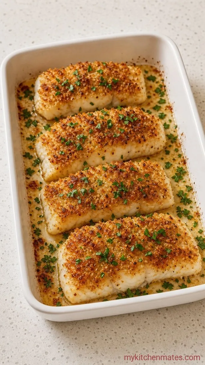 Crispy Baked Cod Fillets with Parmesan & Lemon Crumbs Step 4: Bake, Garnish, and Serve