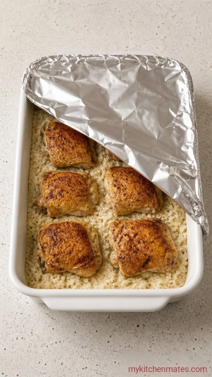 One-Pan Creamy Chicken and Rice Casserole Step 4: Bake It Covered