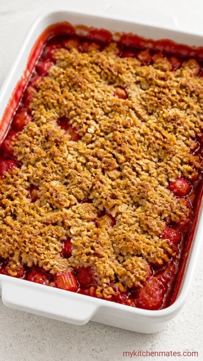 Strawberry Rhubarb Crisp with a Buttery Oat Topping Step 4: Bake Until Golden and Bubbling