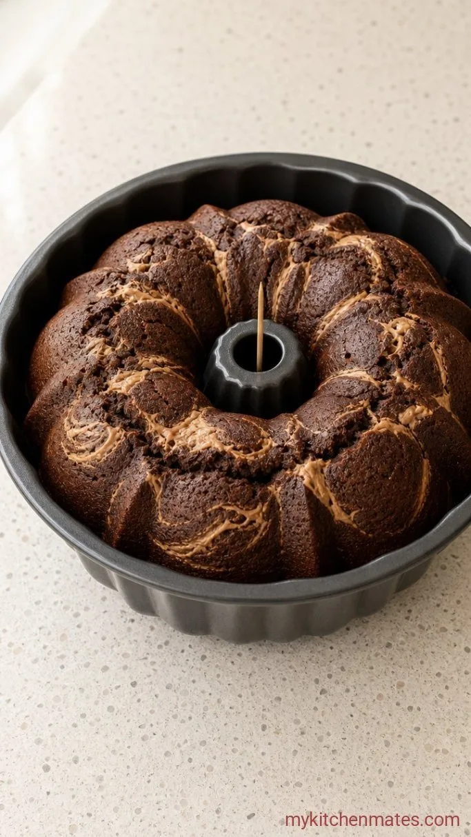 Chocolate Peanut Butter Swirl Bundt Cake Step 4: Bake Until Set