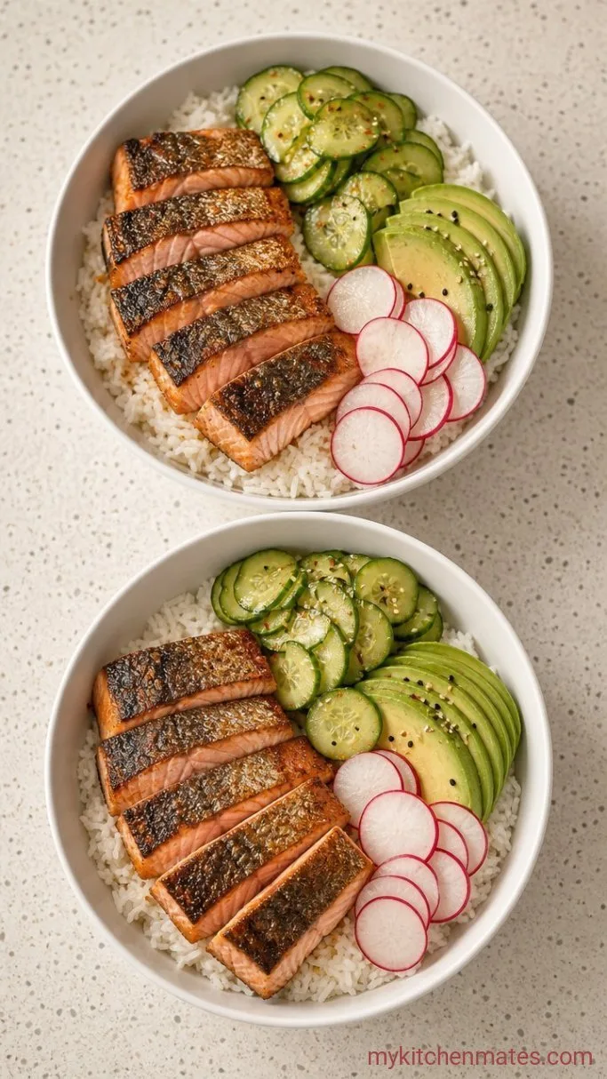 Quick Crispy Salmon Bowl Step 4: Build the Bowls