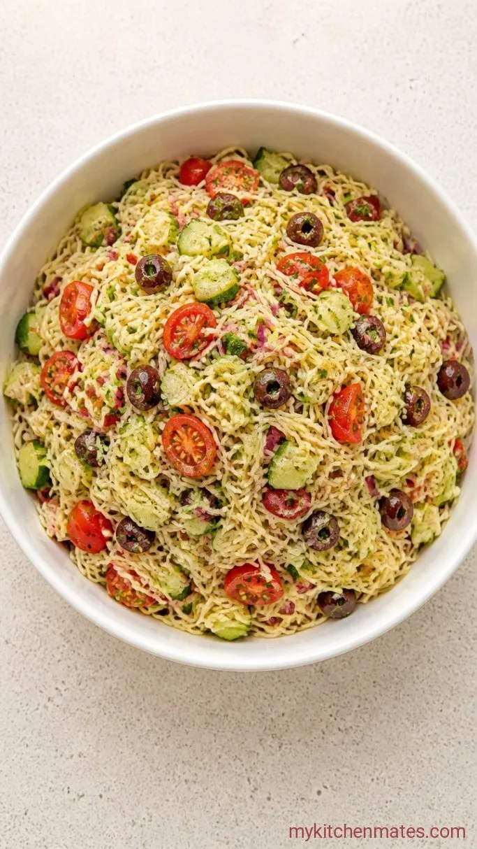 Quick Angel Hair Pasta Salad with Lemon Vinaigrette Step 4: Coat the Pasta and Vegetables with Dressing