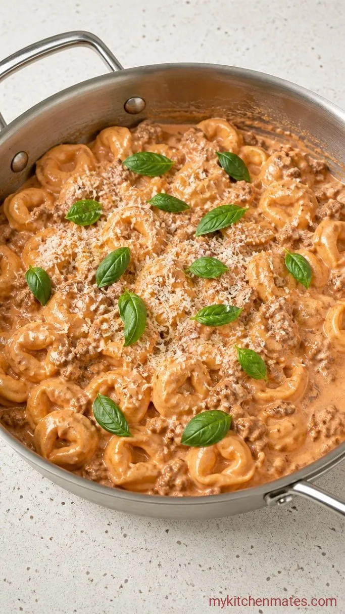 30-Minute Creamy Ground Beef Tortellini Step 4: Cook the Tortellini and Finish