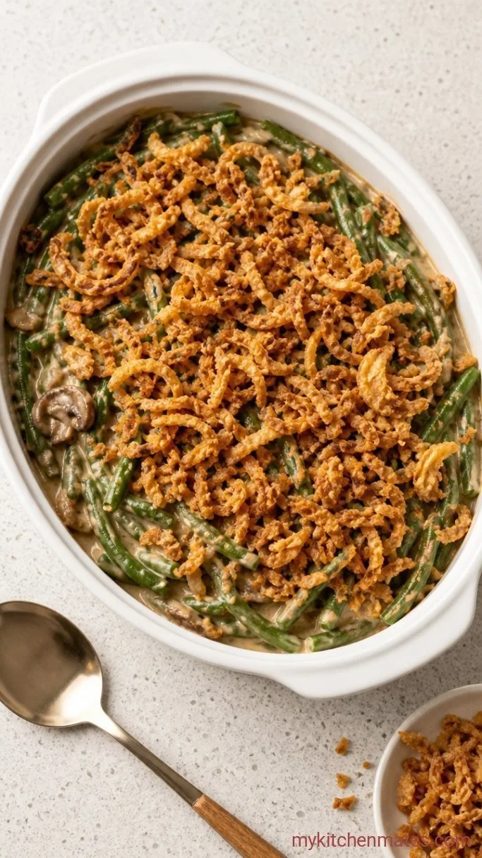 Slow Cooker Green Bean Casserole (Creamy, Crispy, No Oven) Step 4: Crown with Crispy Onions and Serve