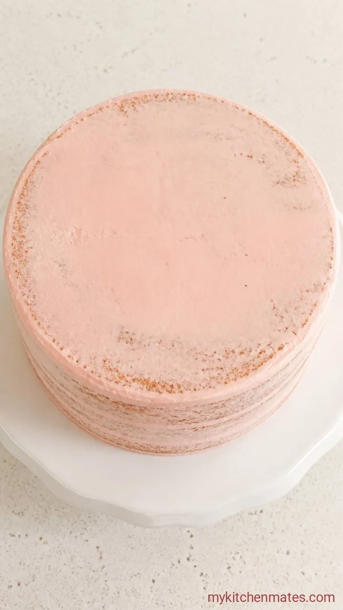Hello Kitty Birthday Cake with Buttercream Face Tutorial Step 4: Crumb Coat and Chill the Cake
